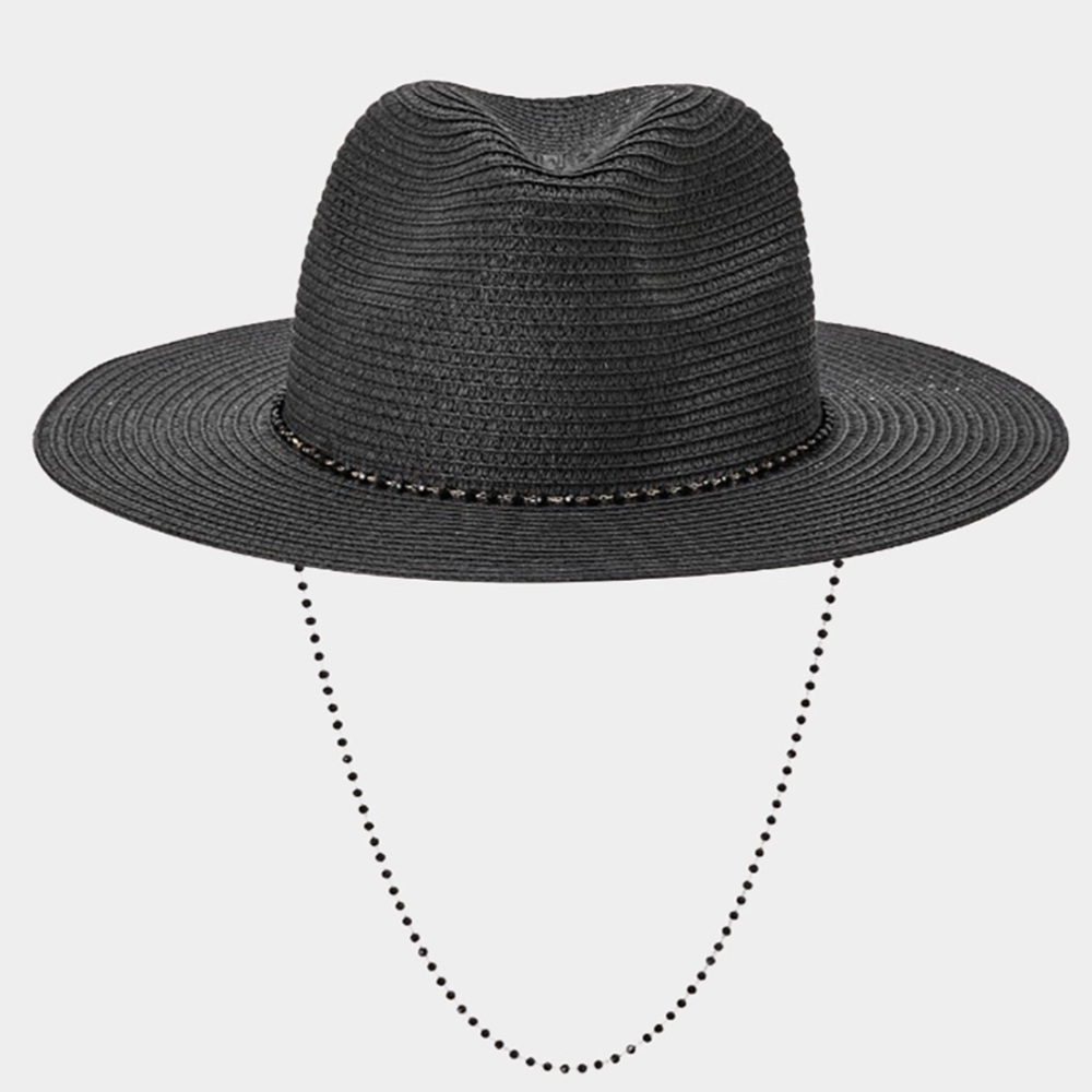 Black Straw Hat with Black Beaded Trim
